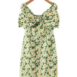Off-shoulder Bow Floral Print Mini Dress