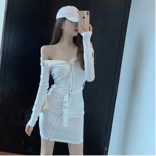 Zip-front Belted Waist Sheath Dress