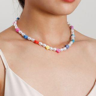 Faux Pearl Flower Bead Necklace 1pc - Gold & White & Pink - One Size