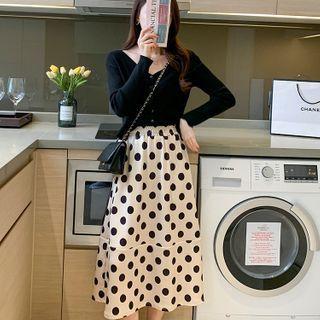 Long-sleeve V-neck Plain Knit Top + High-waist Polka Dot Skirt