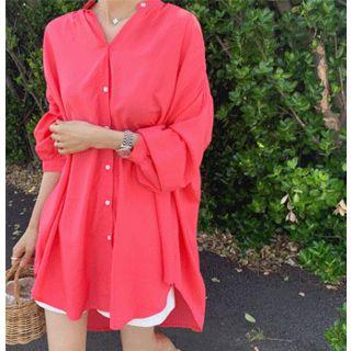 Drop-shoulder Shirred Long Shirt