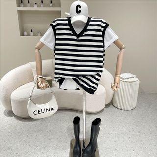 Set: Short-sleeve T-shirt + Striped Sweater Vest Black & White - One Size