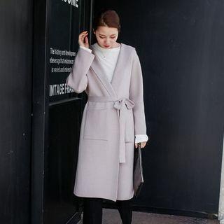 Hooded Open Front Knit Coat With Sash