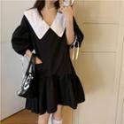 Puff-sleeve Two-tone Dress As Figure - One Size