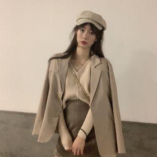 Button Blazer / V-neck Cardigan / Mini A-line Skirt
