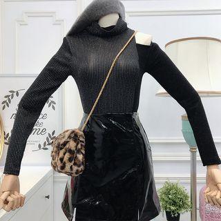 Mock Turtleneck Glitter Panel Cutout Long-sleeve Top