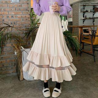 Ruffle-hem Pleated Layered Midi Skirt