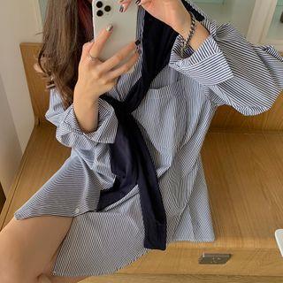 Mock Two-piece Shawl Collar Striped Shirt Blue - One Size