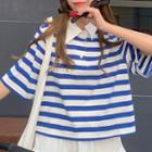 Elbow-sleeve Striped Polo Shirt / A-line Skirt