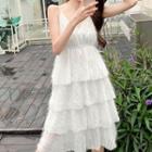 Spaghetti Strap Fringe Layered Midi A-line Dress