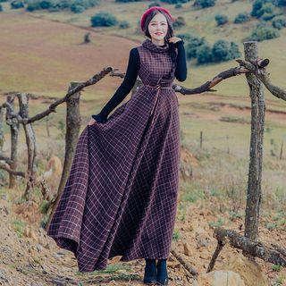 Long-sleeve Plaid A-line Maxi Dress