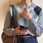 Long-sleeve Argyle Lattice Knit Sweater Cardigan