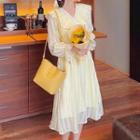 Long-sleeve V-neck Ruffled Midi A-line Dress