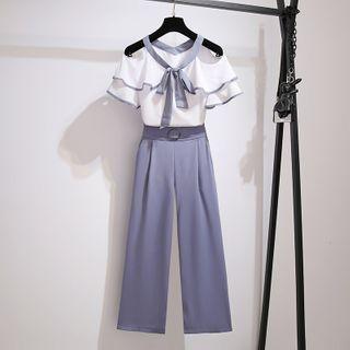 Set: Cold-shoulder Short-sleeve Blouse + Buckle Wide-leg Pants