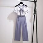 Set: Cold-shoulder Short-sleeve Blouse + Buckle Wide-leg Pants