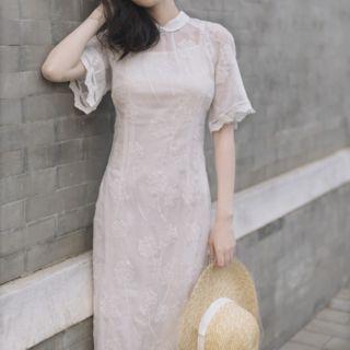 Plain Short-sleeve Lace Maxi Sheath Dress