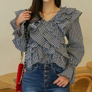 Checked Ruffle Trim Blouse