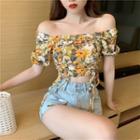 Off-shoulder Flower Print Drawstring Blouse Flower - Yellow - One Size