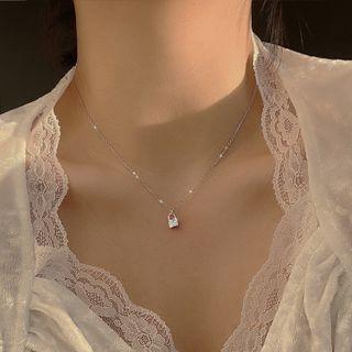 Lock Rhinestone Pendant Sterling Silver Necklace Silver - One Size