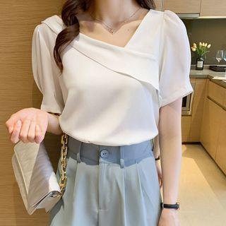 Short-sleeve Diagonal Shoulder V-neck Ruffle Chiffon Top