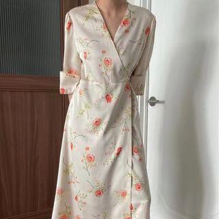 Elbow-sleeve Floral Midi A-line Wrap Dress