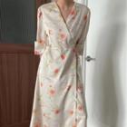 Elbow-sleeve Floral Midi A-line Wrap Dress