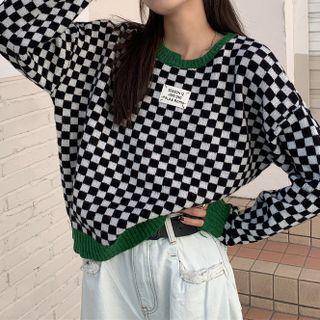 Color Block Check Crop Sweater