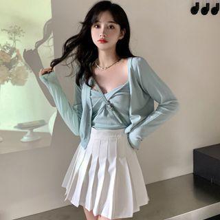 Twist-front Camisole Top / Long-sleeve Cardigan / Pleated Mini A-line Skirt