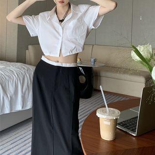 Plain Lace-up Blouse / Two-tone Midi Skirt