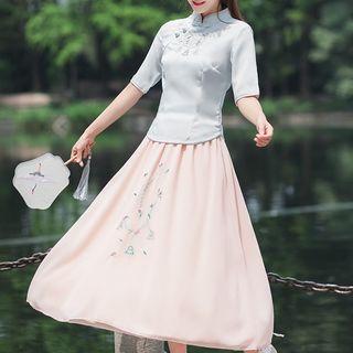 Set: Embroidered 3/4-sleeve Hanfu Top + Midi A-line Skirt
