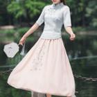 Set: Embroidered 3/4-sleeve Hanfu Top + Midi A-line Skirt