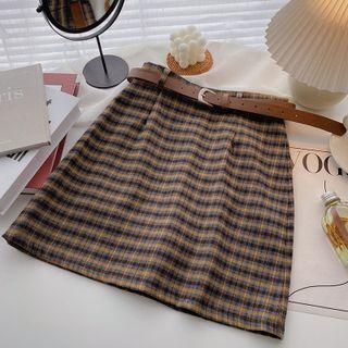 Color Block Plaid High-waist Skirt