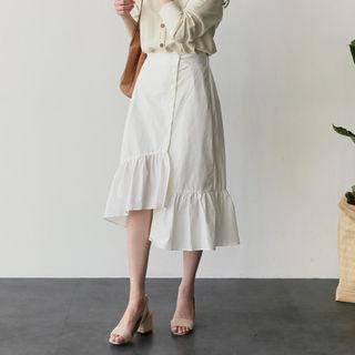 Button-detail Ruffle-hem Midi Skirt