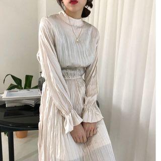 Mock-neck Long-sleeve Midi A-line Dress Off-white - One Size