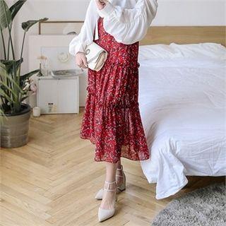 Band-waist Frilled Floral Long Skirt