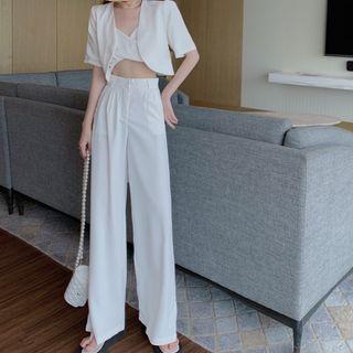 V-neck Cropped Camisole Top / Short-sleeve Jacket / High-waist Pants