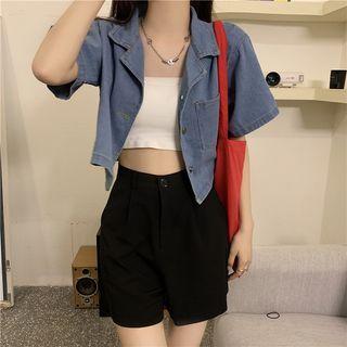 Washed Denim Cropped Shirt Blue - One Size