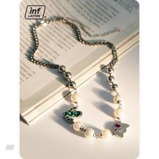 Rhinestone Beaded Necklace Silver - One Size