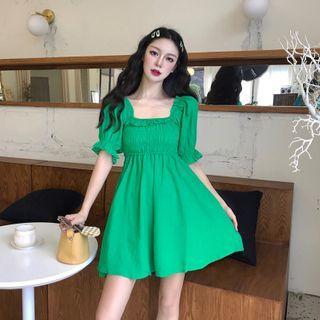 Ruched Square-neck Short-sleeve Mini A-line Dress