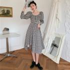 Puff-sleeve Long-sleeve Plaid Irregular Dress