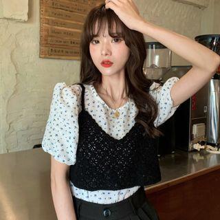 Puff-sleeve Flower Print Blouse / Crochet Knit Cropped Camisole Top