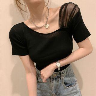 Asymmetric Mesh Panel Short-sleeve Knit Cropped Top
