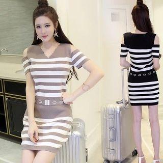 Set: Striped Short-sleeve Cold-shoulder Knit Top + Knit Skirt