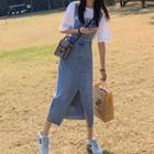 Slit Denim Midi A-line Overall Dress