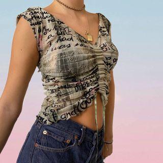 Short Sleeve Printed Drawstring Crop Top