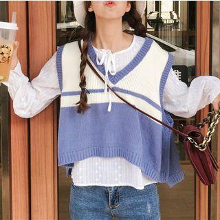 Set: Plain Blouse + Color Block Knit Vest