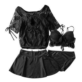 Set: Lace Trim Bikini + Swim Skirt + Cover-up