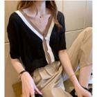 Contrast Trim Short-sleeve V-neck Knit Cardigan