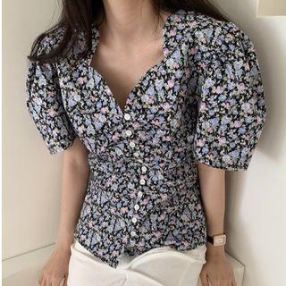 Short-sleeve Gingham Check Button Blouse