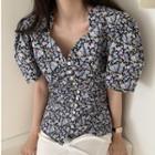 Short-sleeve Gingham Check Button Blouse